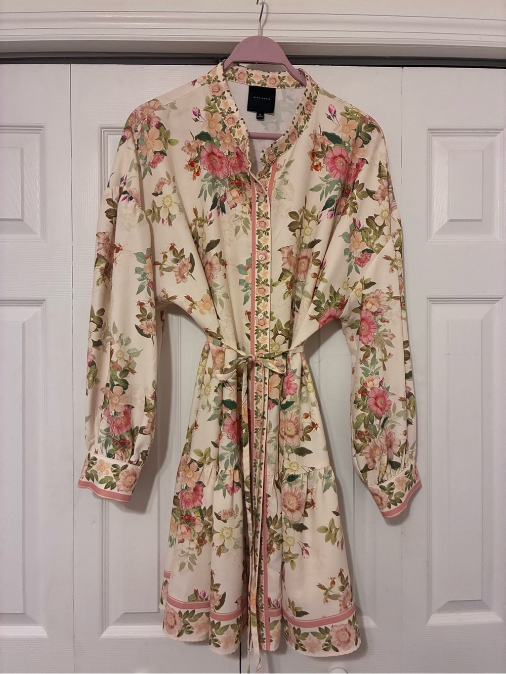 Alex Marie Cream Floral Tie-Waist Mini Dress with Pink & Green Accents